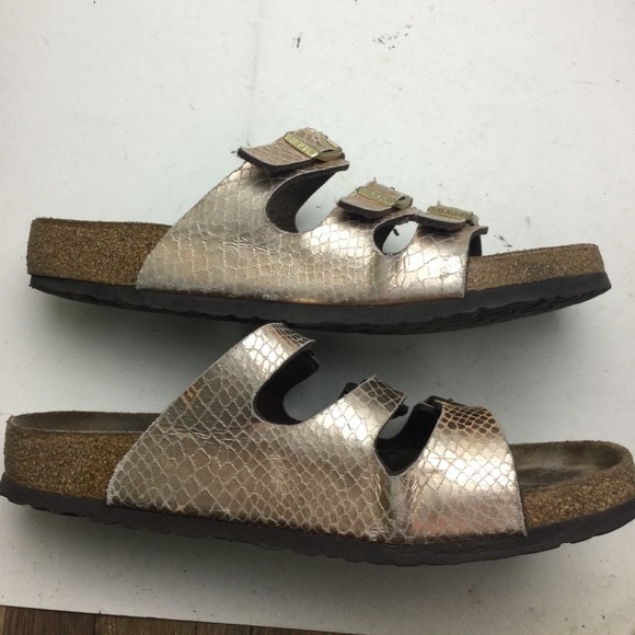 Birkenstock Florida Gold Snake Embossed 3 Strap Sandals Size 11 - Picture 5 of 12